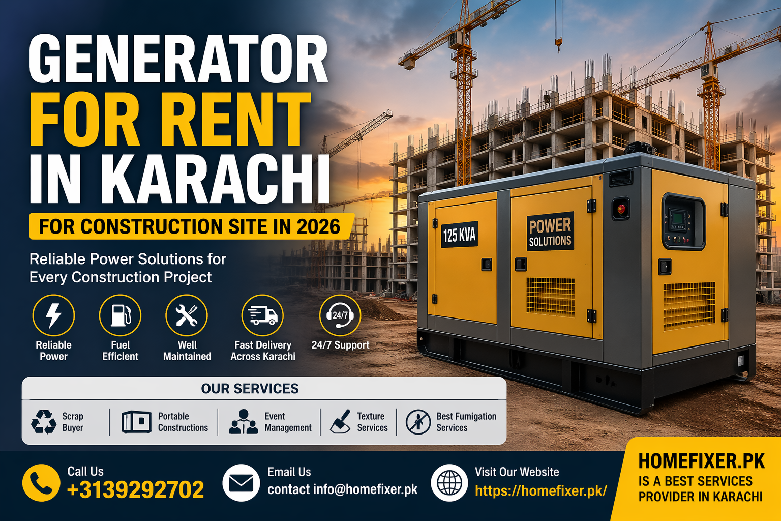 Generator for Rent in Karachi 2026 for Construction Sites Reliable Power Solutions Across Karachi